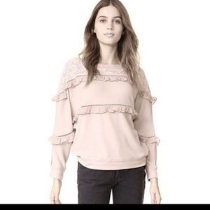 Anthropologie Love Sam Grey Beige Pullover Ruffle Lace Inset Sweatshirt Size S